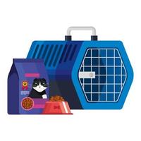 caja de transporte para mascotas con bolsa y plato de comida para gatos vector