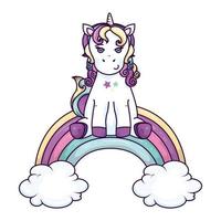 cute unicorn with clouds and rainbow vector