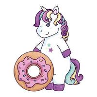 lindo unicornio fantasía con donut icono aislado vector