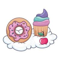 cute donut with cupcake and cherry in cloud vector