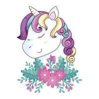 head of cute unicorn fantasy with flowers decoration vector