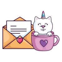 cute cat unicorn fantasy in cup with envelope vector