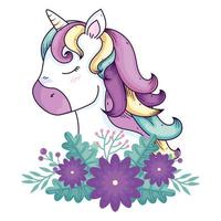 cabeza de unicornio lindo fantasía con decoración de flores vector