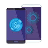 smartphones with coin and gears isolated icon vector