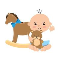 lindo bebé con caballo de madera y osito de peluche vector