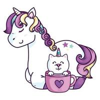 lindo unicornio con gato unicornio en taza vector