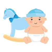 lindo bebé niño con juguete de caballo de madera vector