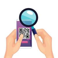 hands using smartphone with scan code qr and magnifying glass vector