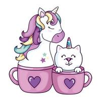 fantasía de unicornio y gato en tazas vector