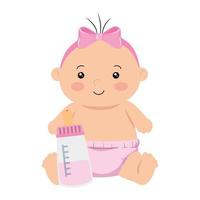 cute little baby girl with bottle milk vector