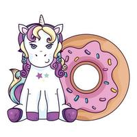 lindo unicornio fantasía con donut icono aislado vector