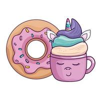 cute cup unicorn with donut kawaii style vector