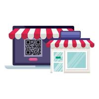 qr code inside laptop and store vector design