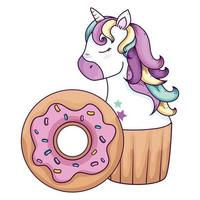 cupcake of head of cute unicorn and donut vector