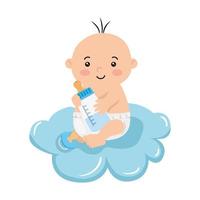 cute little baby boy with bottle milk in cloud vector