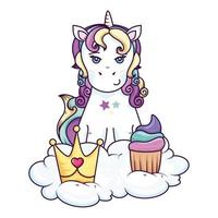 lindo unicornio con corona y cupcake en nube vector