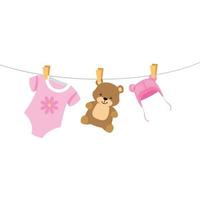 cute clothes baby with bear and hat hanging vector