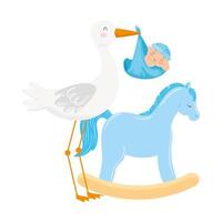 stork with cute baby boy and wooden horse toy vector