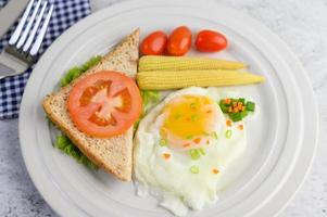 A fried egg with toast, carrots, baby corn and spring onions photo