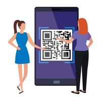 mujer de negocios y dispositivo de teléfono inteligente con código de escaneo qr vector