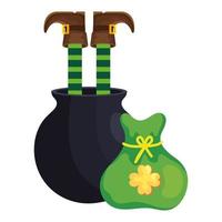 leprechaun legs in cauldron with bag coins vector