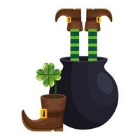 leprechaun legs with in cauldron and clover vector