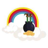 leprechaun legs in cauldron with rainbow vector