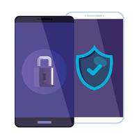 Smartphones con candado y escudo de diseño vectorial del sistema de seguridad. vector