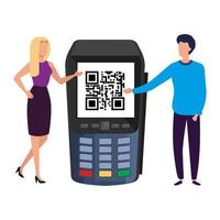 businesss couple and dataphone with scan code qr vector