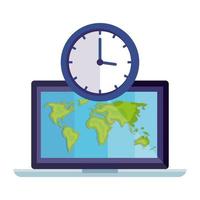 Isolated laptop with world map and clock vector design