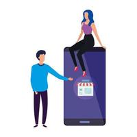 Pareja de negocios con icono aislado de smartphone vector