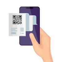 papel de código qr y mano sosteniendo diseño vectorial de teléfono inteligente vector