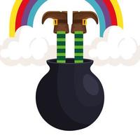 leprechaun legs in cauldron with rainbow vector