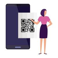 mujer de negocios y teléfono inteligente con código de escaneo qr vector