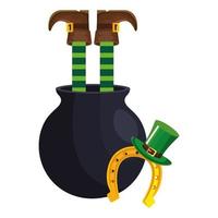 leprechaun in cauldron with top hat and horseshoe vector