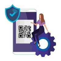 scan code qr in smartphone with businesswoman and icons vector