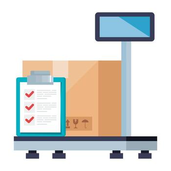 Isolated delivery box over scale and document vector design