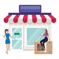 business women with store facade and box vector