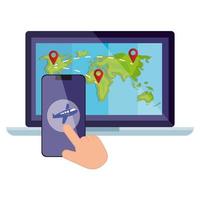 smartphone and world map inside laptop vector design