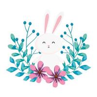 cute rabbit with flowers and leafs vector