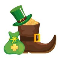 leprechaun boot with top hat and bag coins vector