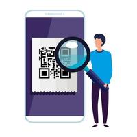 scan code qr in smartphone with businessman and magnifying glass vector