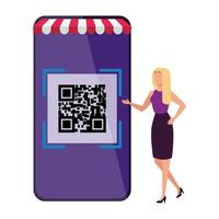 businesswoman and smartphone with scan code qr vector