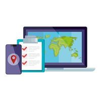 smartphone list document and world map inside laptop vector design