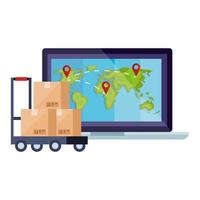 boxes over cart and world map inside laptop vector design