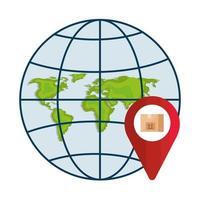 Caja de entrega aislada dentro de la marca gps y diseño de vector de esfera de mapa mundial