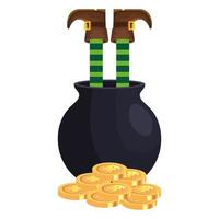 leprechaun legs in cauldron with coins vector