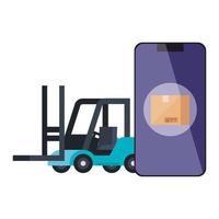 Isolated delivery forklift and box inside smartphone vector design