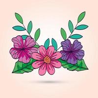 cute flowers with branches and leafs vector