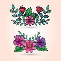 cute flowers with branches and leafs vector